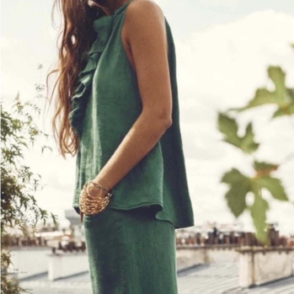 Zara Ladies Ruffled Green Linen Shirt